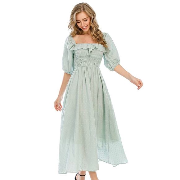 R.vivimos Mavi Dress Green Polka Dot Smocked Waist Off Shoulder Size S (4-6) - Picture 1 of 7